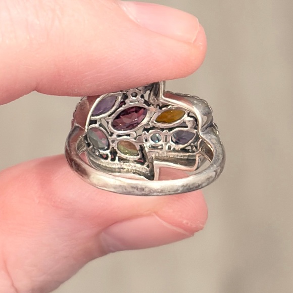 Vintage Silver Hamsa Gemstone Ring, Milgrain Sterling, Rainbow Gem, Size 6.25 - Picture 15 of 17